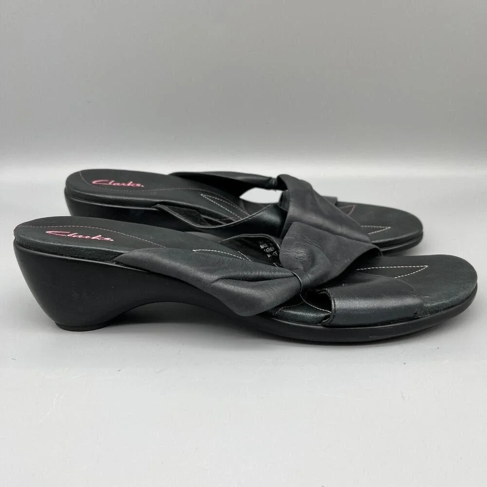 Clarks Leather Twist Knot Slide Wedge Sandals Black Comfort‎ Shoes 9M Womens